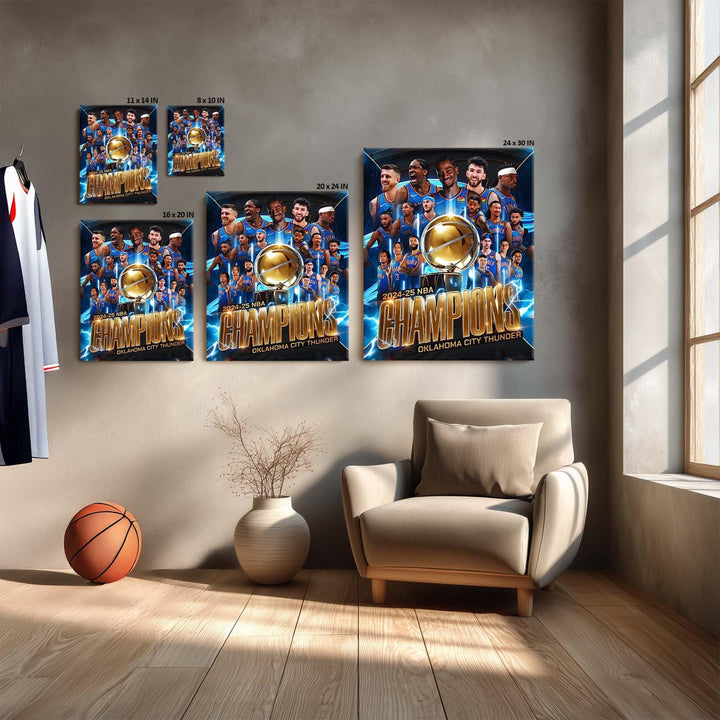 2025 NBA Finals Canvas Wall Art Decor Framed Painting - Oklahoma City Thunder Championship Team Poster Print, Golden Trophy Basketball Oil Painting, Sports Celebration Canvas Decor