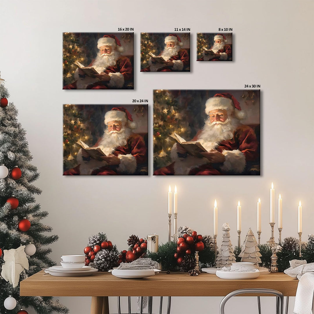 Christmas Wall Art Santa Wall Decor Canvas Classic Santa Reading by Christmas Tree Pictures Print Framed Xmas Canvas Wall Artwork for Living Room Bedroom