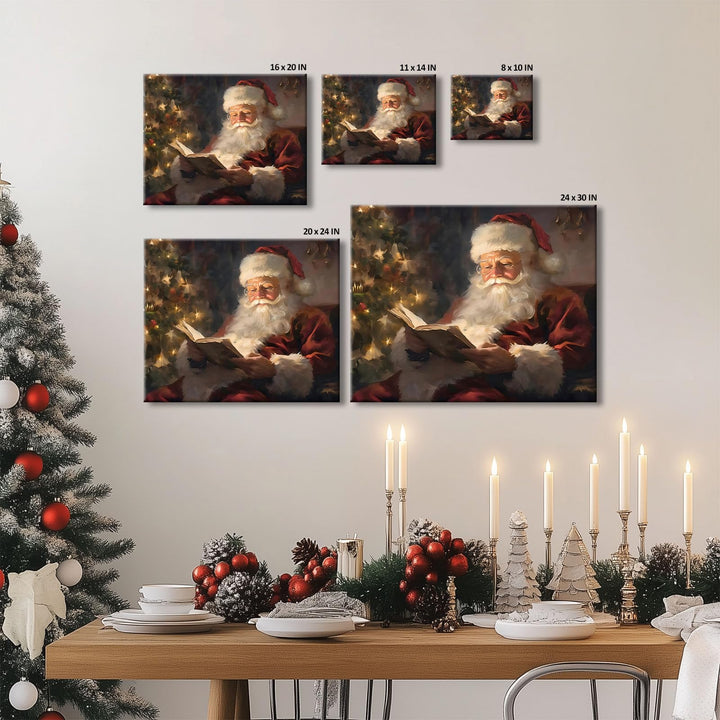 Christmas Wall Art Santa Wall Decor Canvas Classic Santa Reading by Christmas Tree Pictures Print Framed Xmas Canvas Wall Artwork for Living Room Bedroom