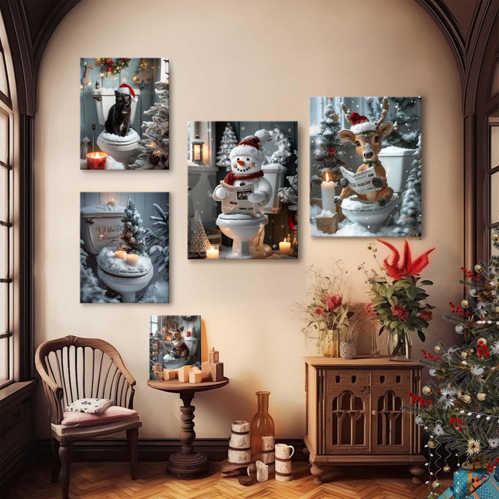 Christmas Bathroom Canvas Wall Art Decor - Reindeer Reading Newspaper on Toilet with Festive Decor, Humorous Holiday Canvas Art for Bathroom, Unique Christmas Gift for Friends and Family