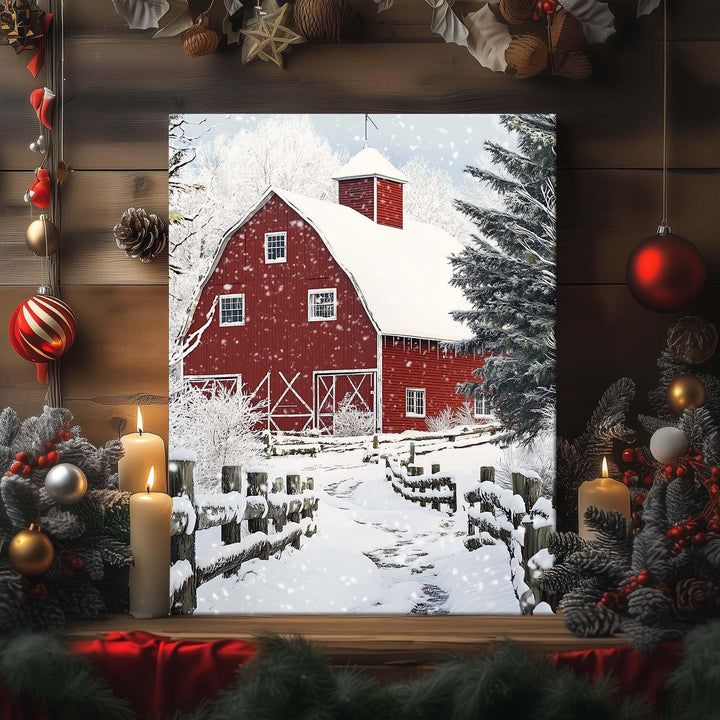 ART Christmas Canvas Wall Decor Festive Print, Red Barn Snow Scene Wall, Winter Farm Holiday Pictures Print Poster Framed Artwork for Living Room and Bedroom Décor