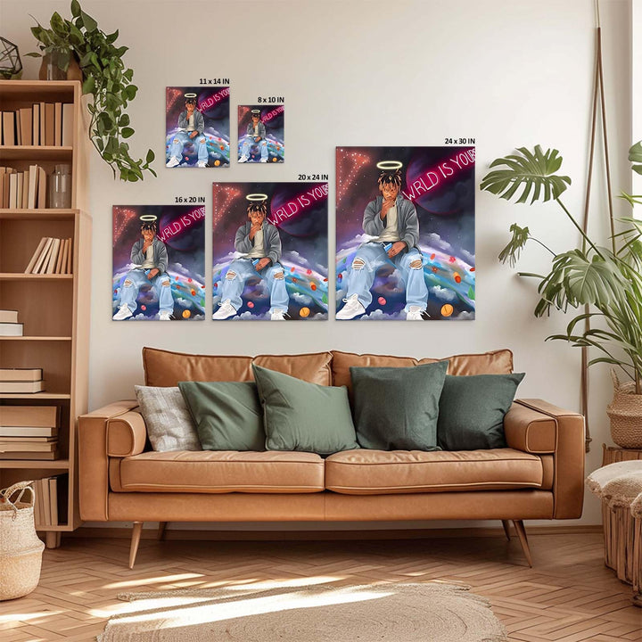 Juice WRLD Canvas Wall Art Pop Rapper Sitting on World Poster Cosmic Picture Artwork, Music and Galaxy Aesthetic Wall Decor for Living Room Bedroom Game Room Bar Studio