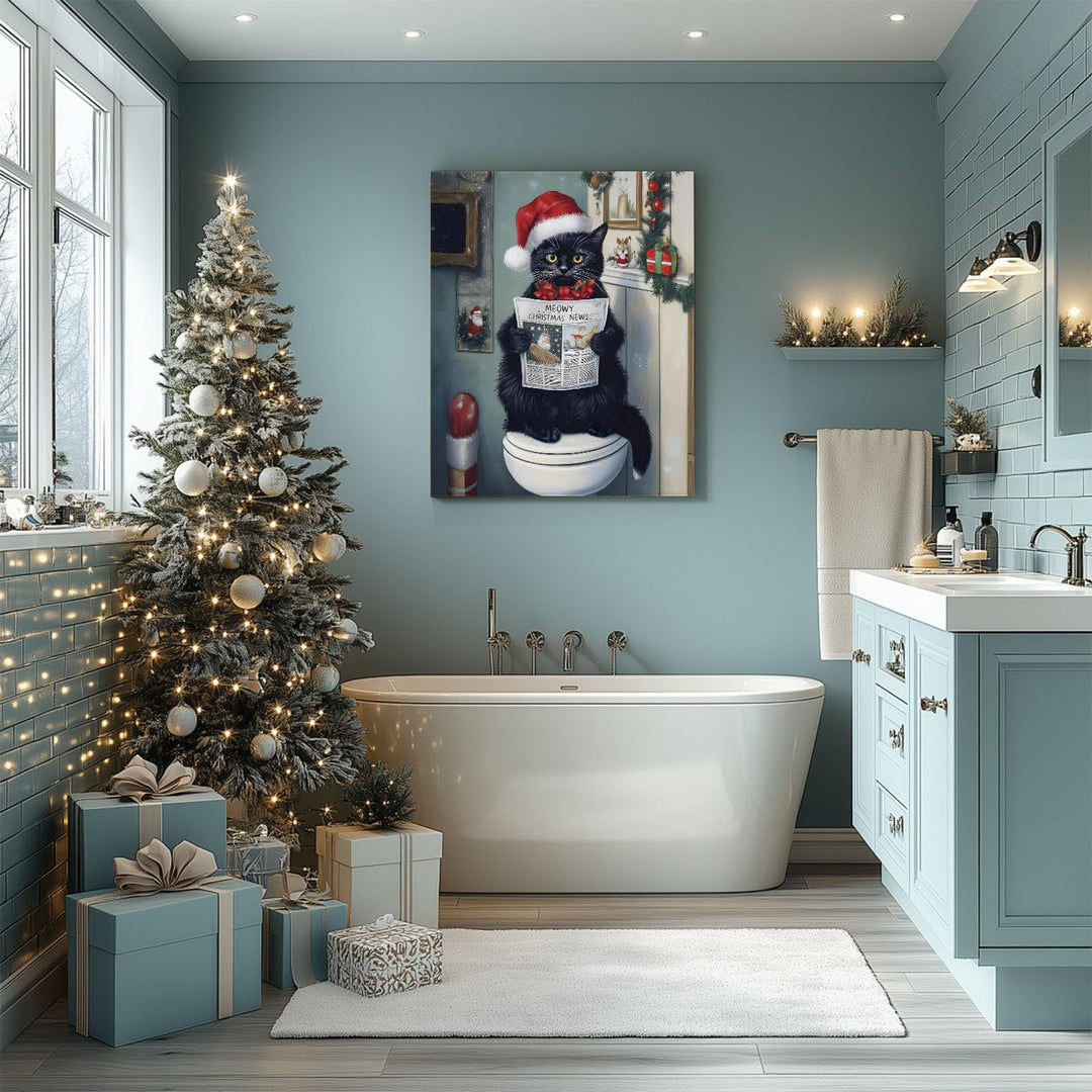 Christmas Bathroom Wall Art - Funny Black Cat Readeing Newspaper Humorous Canvas Print Santa Hat with "Meowy Christmas News," Festive Holiday Wall Decor Artwork for Bathroom or Living Room