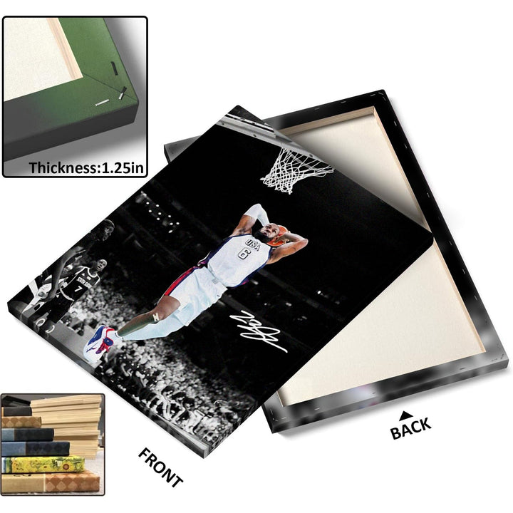 NBA Canvas Wall Art Decor - LeBron James Iconic Dunk for Team USA, Basketball Olympic Moment, Patriotic Sports Poster for Home