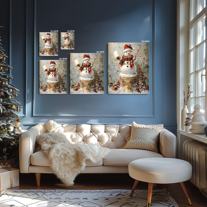 Funny Snowman Bathroom Wall Art - Christmas Toilet Snowman Paper Holder Canvas Pictures Print Poster Framed Artwork, Holiday Wall Decor Artwork for Bathroom or Living Room
