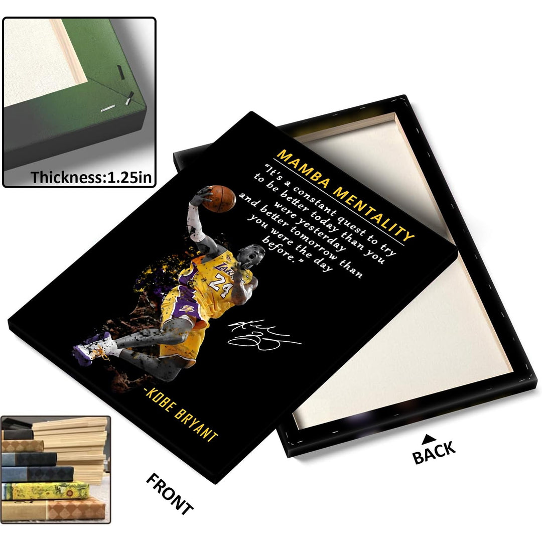 Kobe Bryant Canvas Wall Art Decor - Mamba Mentality Inspirational Quote, Lakers No. 24 Dunk Action Artwork, Iconic Basketball Legend Tribute Poster for Office, Gym or Home Wall Decoration