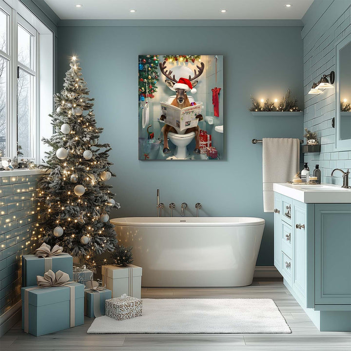 Christmas Bathroom Wall Art - Funny Reindeer Reading Newspaper Canvas Print Poster Framed Art, Festive Holiday Christmas Wall Decor Artwork for Bathroom or Living Room