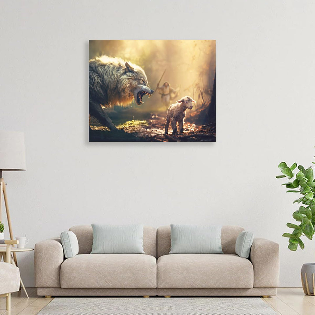 Christian Wall Art Jesus Running Towards Wolf and Lamb Pictures Jesus Art Wall Decor for Living Room Bedroom Church Decorations