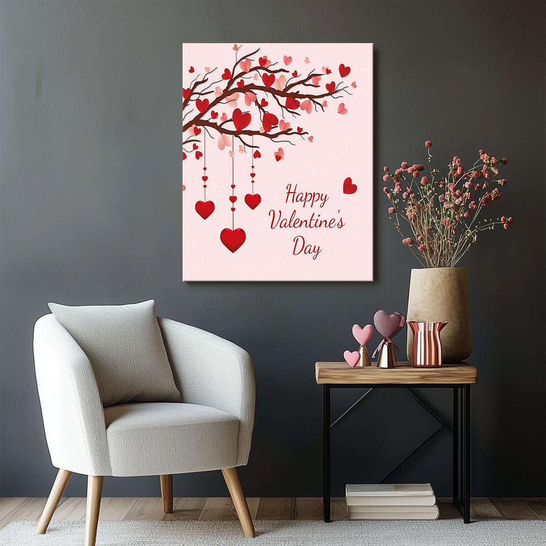 Valentine's Day Canvas Wall Art Romantic Heart Pictures Print, Happy Valentine's Day Heart Tree Design with Red Hearts, Romantic Wall Oil Painting for Living Room, Bedroom