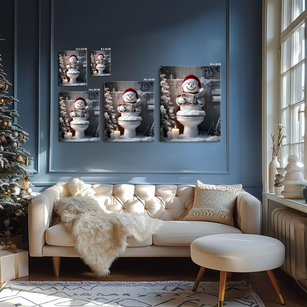 Sunwes Funny Snowman Bathroom Wall Art - Festive Holiday Humor Snowman Canvas Pictures Print for Bathroom Living Room Christmas Decor, Quirky Aesthetics Seasonal Wall Art
