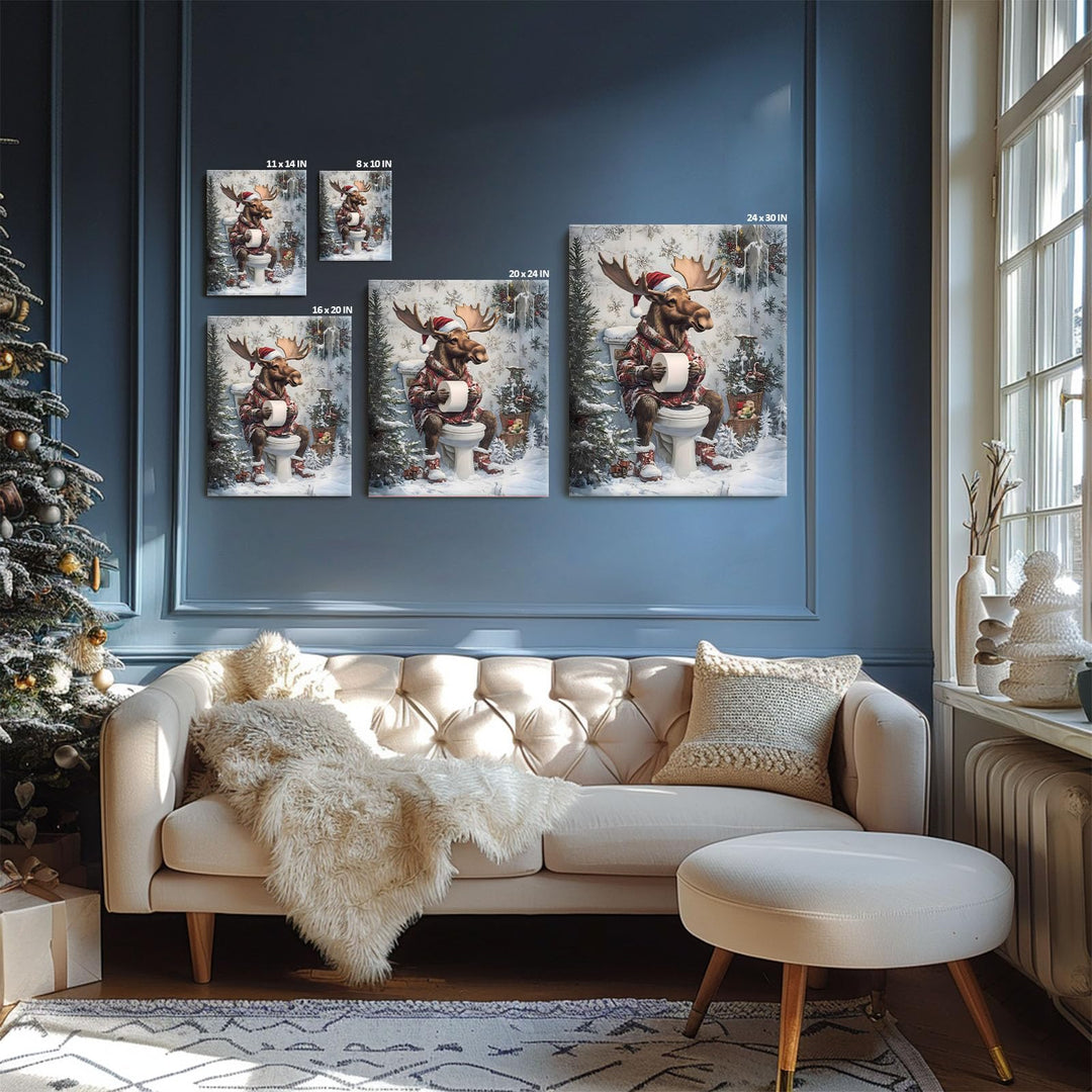 Christmas Moose Print Decor - Funny Holiday Canvas Print with Santa Hat, Winter Scene, Festive Wall Decor for Bathroom or Living Room