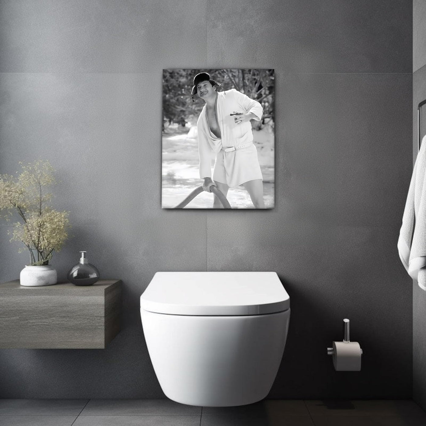 Funny Framed Canvas Wall Art Bathroom Decor Black and White Comedy Cousin Eddie Movies Poster Oil Painting Modern Toilet Artwork for Living Room Dorm Wall Home Decoration