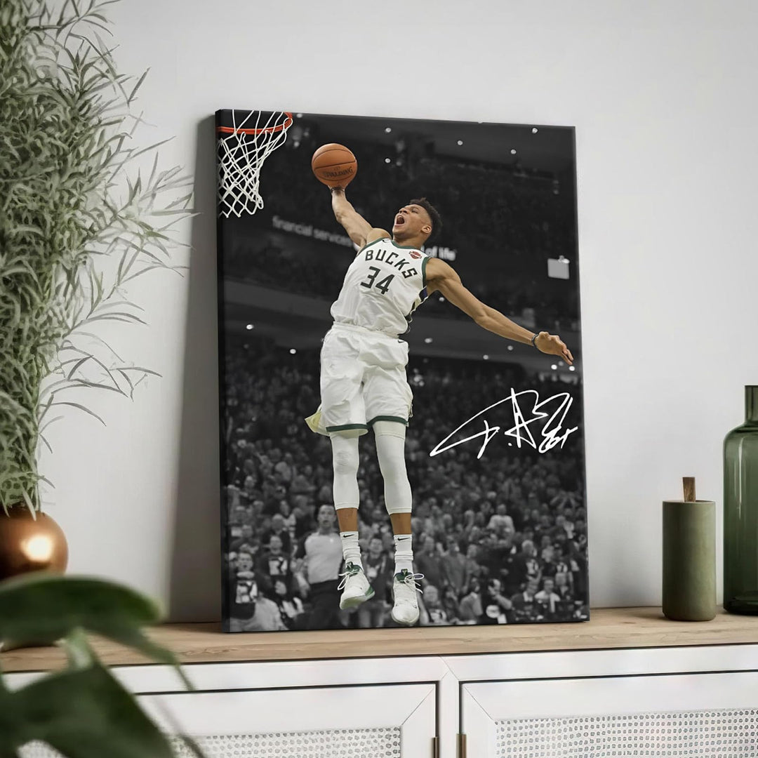 Giannis Antetokounmpo Dunk Print Poster for Bedroom Living Room Wall Decor, NBA Star Oil Painting Inspirational Sports Pictures Decoration