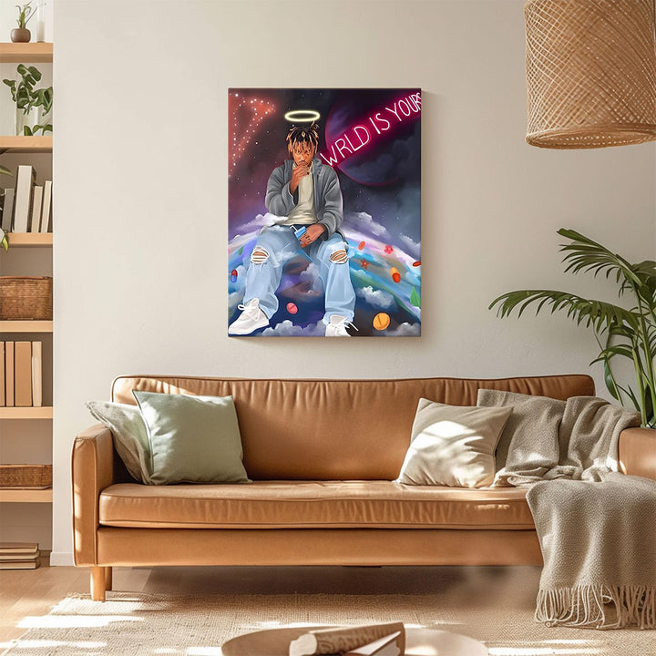 Juice WRLD Canvas Wall Art Pop Rapper Sitting on World Poster Cosmic Picture Artwork, Music and Galaxy Aesthetic Wall Decor for Living Room Bedroom Game Room Bar Studio