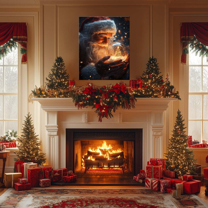 Christmas Canvas Framed Wall Art for Living Room Decor Classical Oil Painting Santa Claus & Crystal Ball Canva Poster Prints Wall Decoration Home Office Bedroom Bathroom Decor