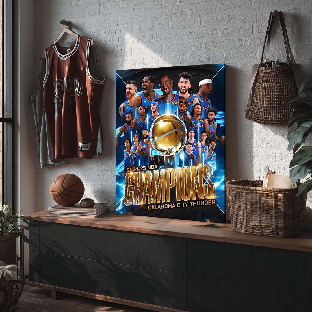 2025 NBA Finals Canvas Wall Art Decor Framed Painting - Oklahoma City Thunder Championship Team Poster Print, Golden Trophy Basketball Oil Painting, Sports Celebration Canvas Decor
