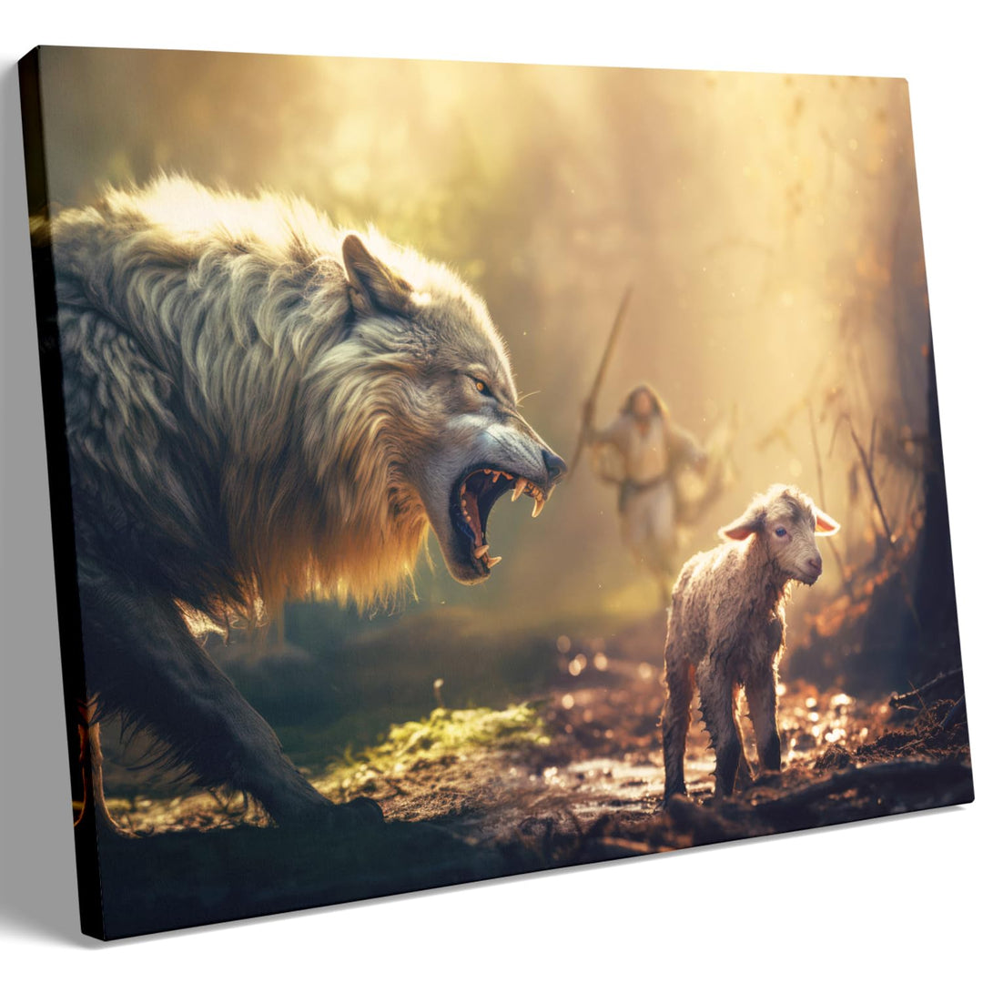 Christian Wall Art Jesus Running Towards Wolf and Lamb Pictures Jesus Art Wall Decor for Living Room Bedroom Church Decorations