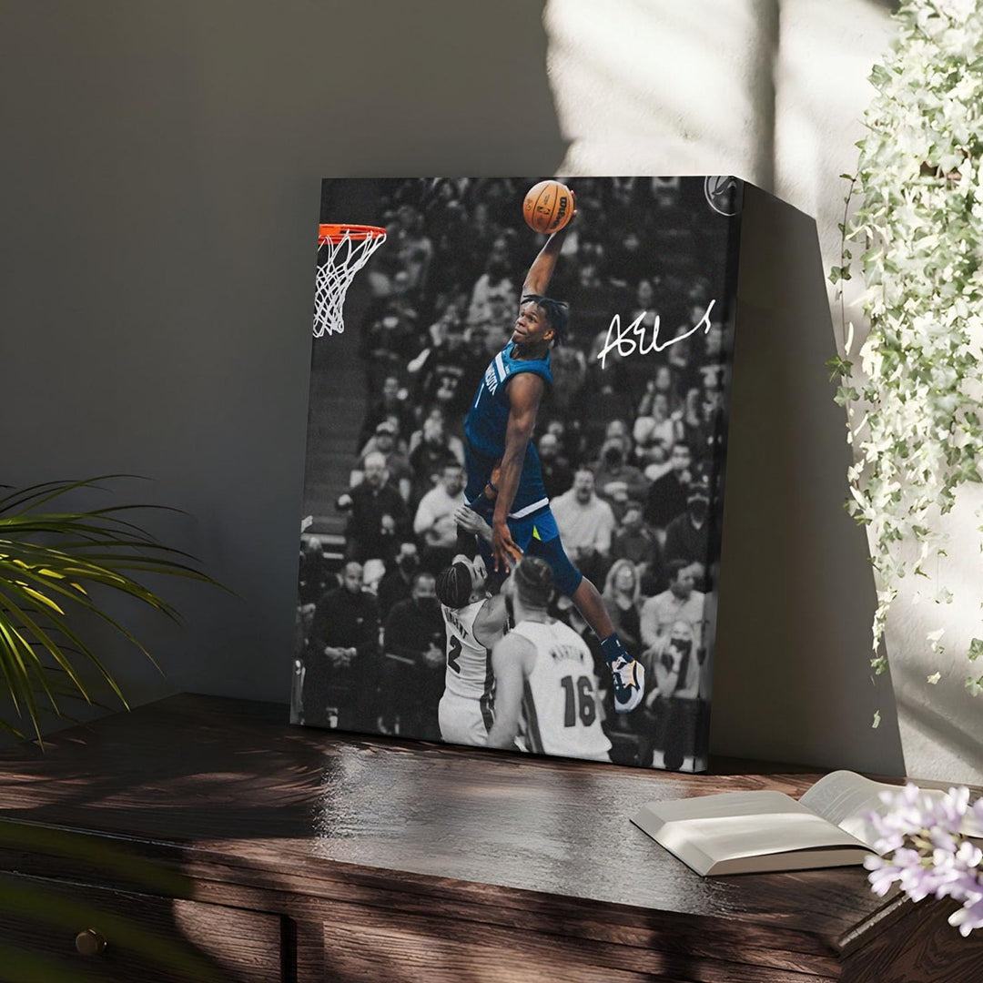 NBA Canvas Wall Art Decor - Anthony Edwards Iconic Dunk, Timberwolves Slam Dunk Action, High-Flying Basketball Moment, Sports Poster for Home