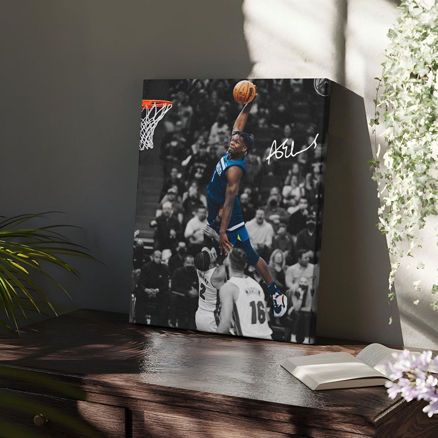 NBA Canvas Wall Art Decor - Anthony Edwards Iconic Dunk, Timberwolves Slam Dunk Action, High-Flying Basketball Moment, Sports Poster for Home