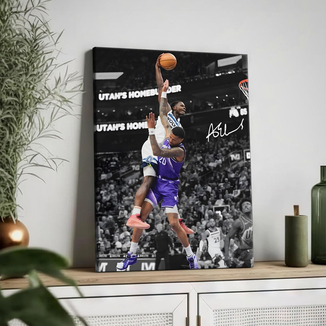 Basketball Canvas Wall Art, Exciting Anthony Edwards Dunk Print Poster for Bedroom Living Room Wall Decor, NBA Star Oil Painting Inspirational Sports Pictures Decoration