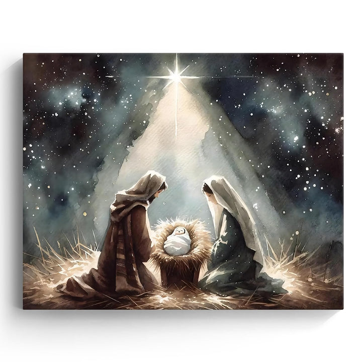 Beautiful Christmas Canvas Wall Art, Holy Family and Star Canvas Print Poster, Spiritual Nativity Christmas Oil Painting, Timeless Religious Artwork, Radiant Pictures Decoration