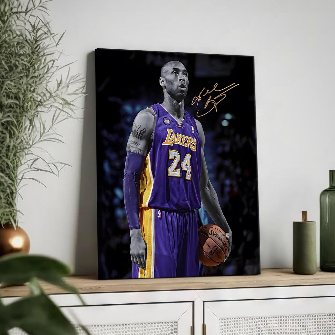 Kobe Bryant Canvas Wall Art Decor - Iconic Los Angeles Lakers No. 24 Basketball Artwork with Autograph Style Print, Inspirational Sports Canvas for Home, Office or Gym Wall Decor