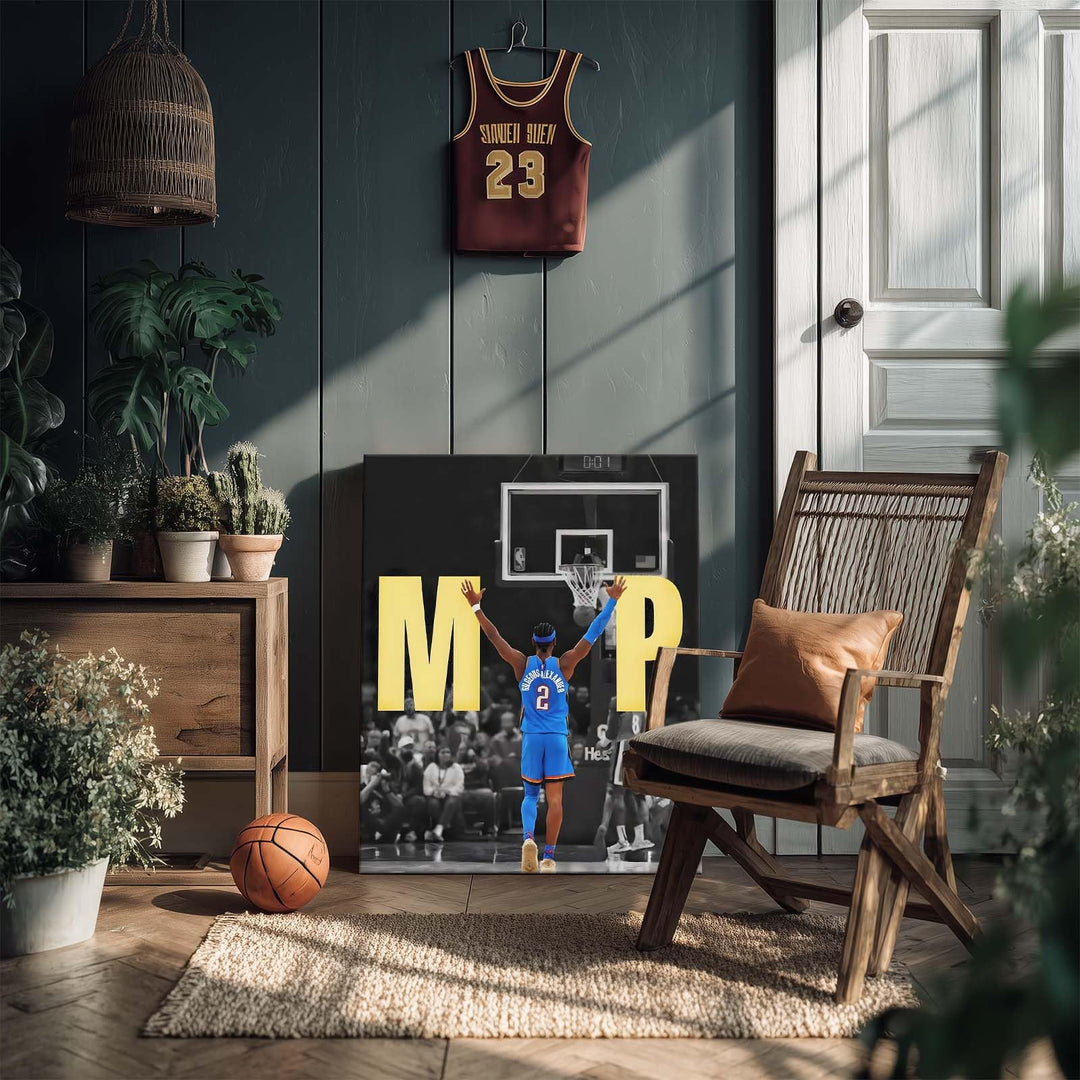 2025 NBA Finals MVP Canvas Wall Art Shai Gilgeous-Alexander Raising Hands Victory Poster Oklahoma City Thunder Back Pose Print Basketball Champion Wall Decor for Bedroom