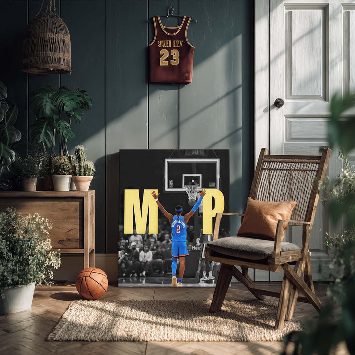 2025 NBA Finals MVP Canvas Wall Art Shai Gilgeous-Alexander Raising Hands Victory Poster Oklahoma City Thunder Back Pose Print Basketball Champion Wall Decor for Bedroom