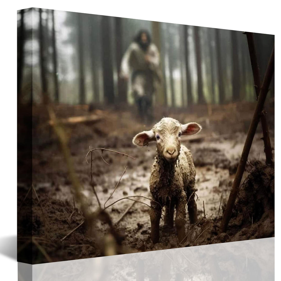 Jesus Reaching Down to Rescue a Lamb Canvas Wall Art, Good Shepherd Christian Home Decor