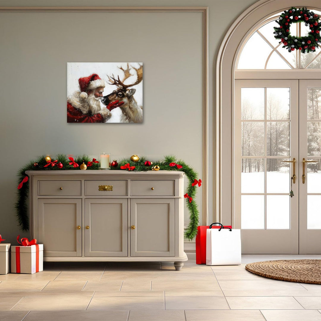 Santa Claus and Reindeer Christmas Canvas Wall Art Decor - Heartwarming Holiday Decor with Santa and His Reindeer, Ideal Addition to Living Room