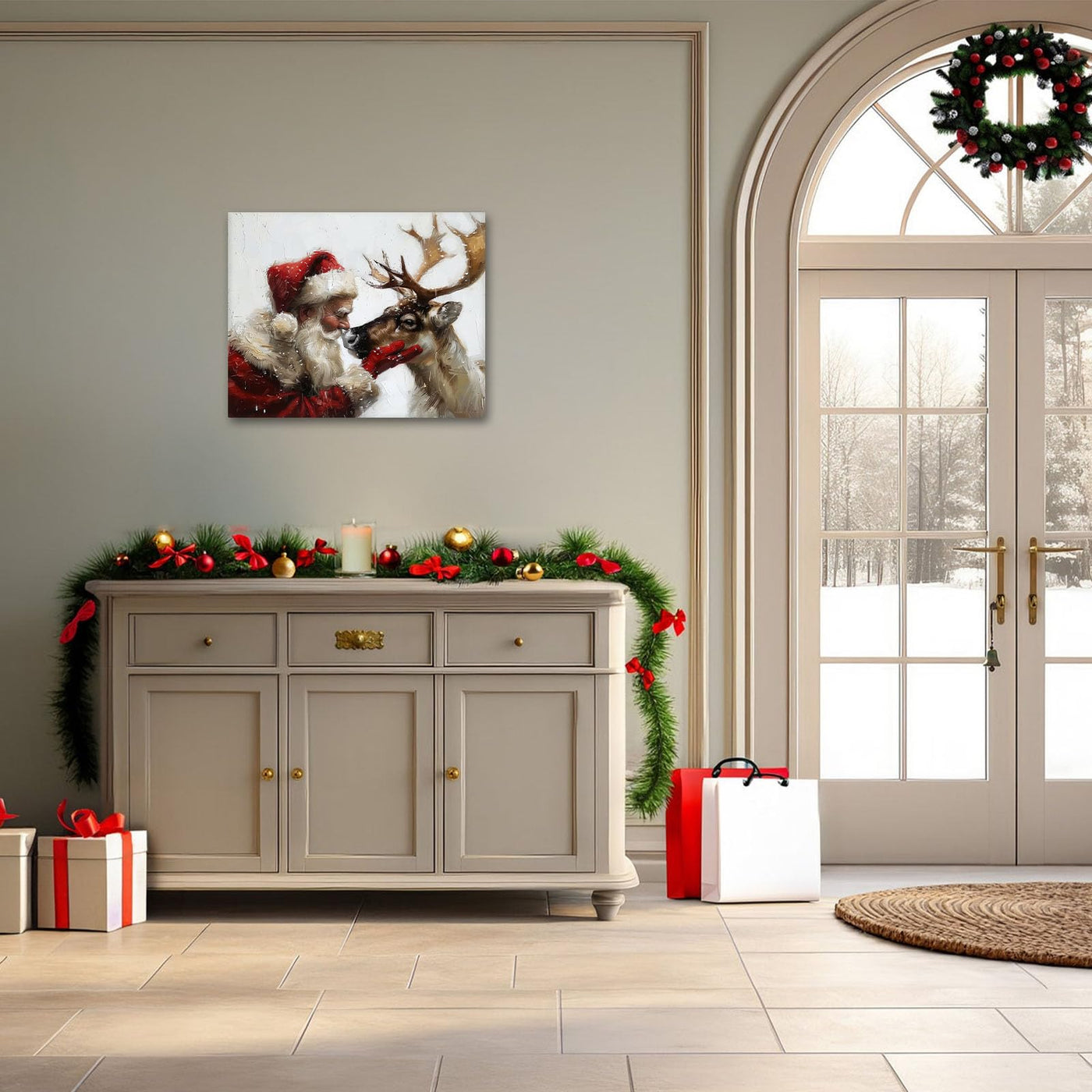 Santa Claus and Reindeer Christmas Canvas Wall Art Decor - Heartwarming Holiday Decor with Santa and His Reindeer, Ideal Addition to Living Room