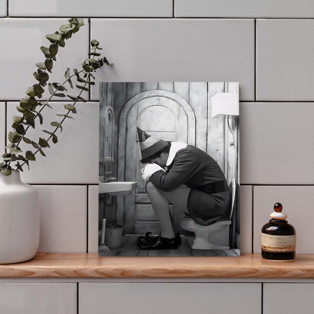 Funny Framed Canvas Wall Art Bathroom Decor Black and White Comedy Elf Movies Poster Bathroom Oil Painting Modern Toilet Artwork for Living Room Dorm Wall Home Decoration