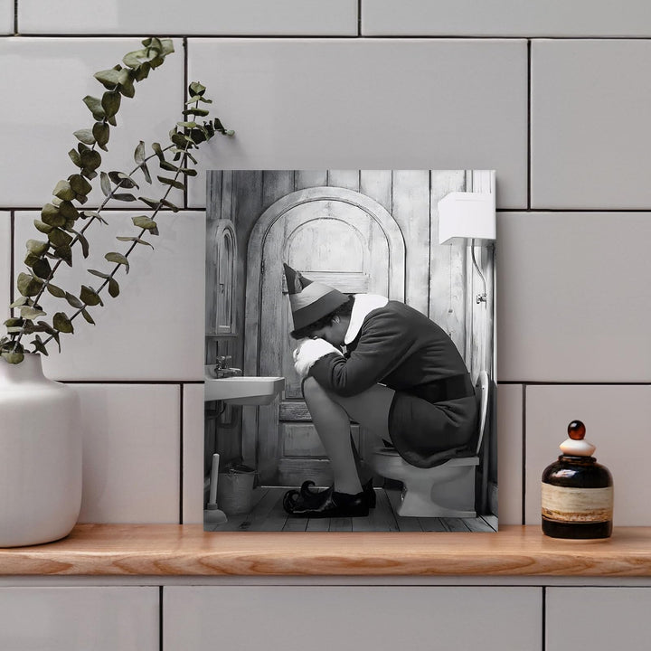 Funny Framed Canvas Wall Art Bathroom Decor Black and White Comedy Elf Movies Poster Bathroom Oil Painting Modern Toilet Artwork for Living Room Dorm Wall Home Decoration