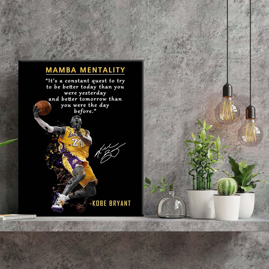 Kobe Bryant Canvas Wall Art Decor - Mamba Mentality Inspirational Quote, Lakers No. 24 Dunk Action Artwork, Iconic Basketball Legend Tribute Poster for Office, Gym or Home Wall Decoration