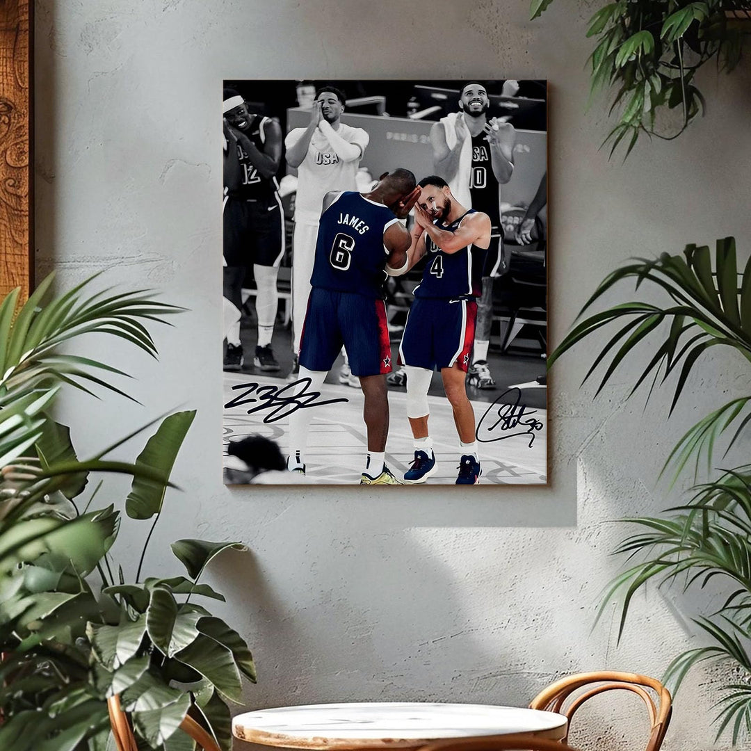 NBA Canvas Wall Art Decor - LeBron James and Stephen Curry Team USA Basketball Print Iconic Sleep Celebration Poster Sports Wall Art for Game Room Bedroom Living Room Man Cave Dorm Room Decor Gift for Basketball Fans
