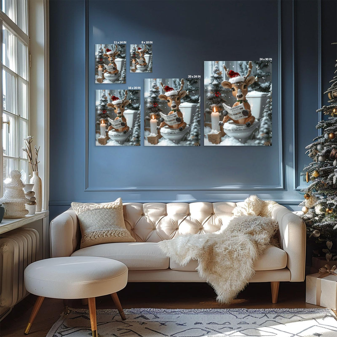 Christmas Bathroom Canvas Wall Art Decor - Reindeer Reading Newspaper on Toilet with Festive Decor, Humorous Holiday Canvas Art for Bathroom, Unique Christmas Gift for Friends and Family