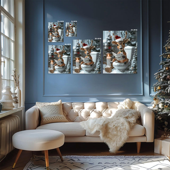 Christmas Bathroom Canvas Wall Art Decor - Reindeer Reading Newspaper on Toilet with Festive Decor, Humorous Holiday Canvas Art for Bathroom, Unique Christmas Gift for Friends and Family