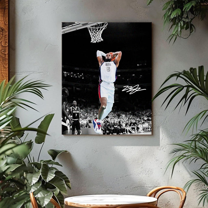 NBA Canvas Wall Art Decor - LeBron James Iconic Dunk for Team USA, Basketball Olympic Moment, Patriotic Sports Poster for Home