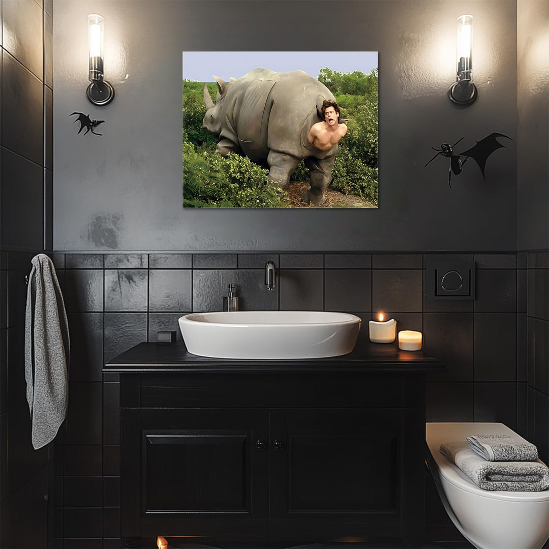 Funny Framed Canvas Wall Art Bathroom Decor Retro Humor Comedy Ace Ventura Movies Poster Rhino Painting Modern Toilet Artwork for Living Room Dorm Wall Home Decoration