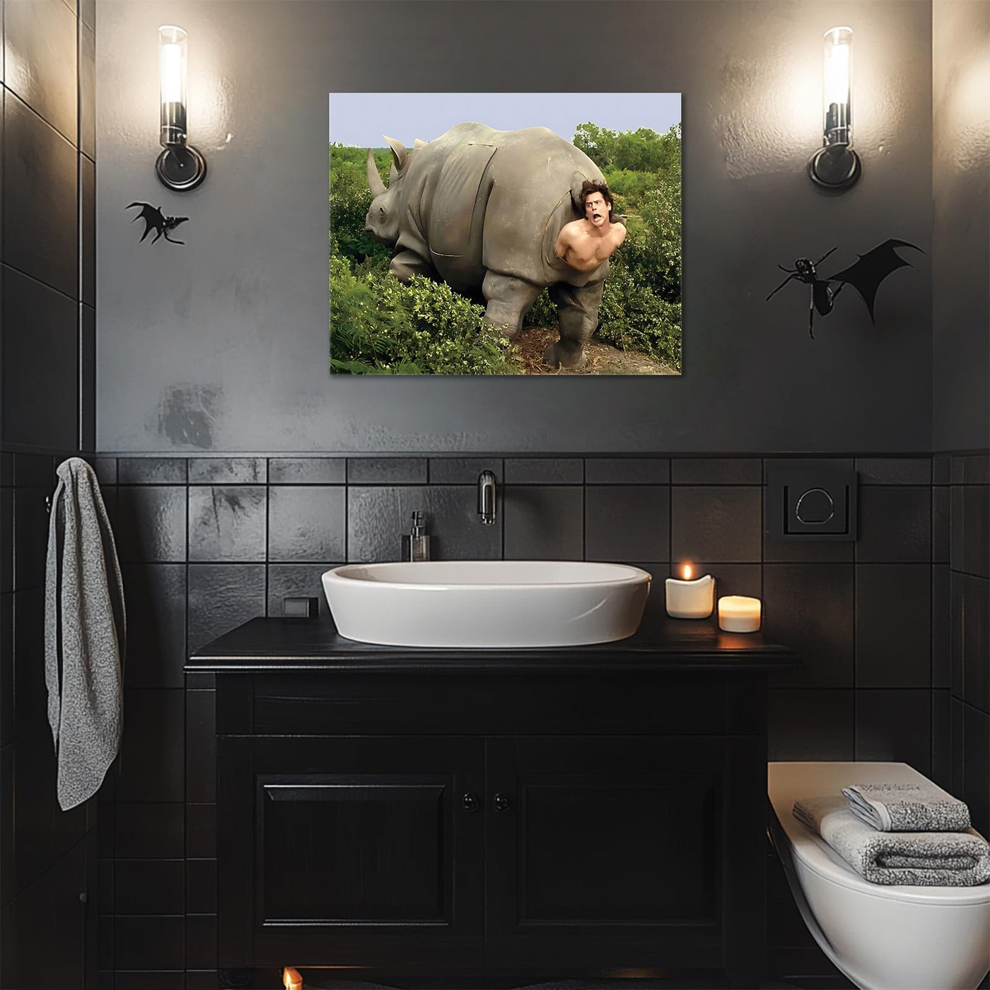 Funny Framed Canvas Wall Art Bathroom Decor Retro Humor Comedy Ace Ventura Movies Poster Rhino Painting Modern Toilet Artwork for Living Room Dorm Wall Home Decoration