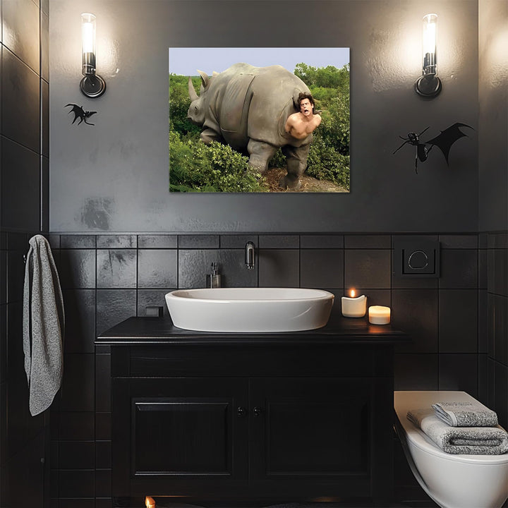 Funny Framed Canvas Wall Art Bathroom Decor Retro Humor Comedy Ace Ventura Movies Poster Rhino Painting Modern Toilet Artwork for Living Room Dorm Wall Home Decoration
