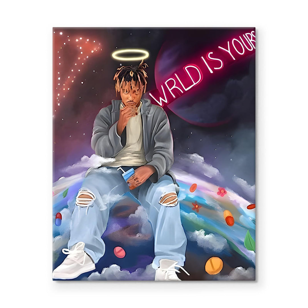 Juice WRLD Canvas Wall Art Pop Rapper Sitting on World Poster Cosmic Picture Artwork, Music and Galaxy Aesthetic Wall Decor for Living Room Bedroom Game Room Bar Studio