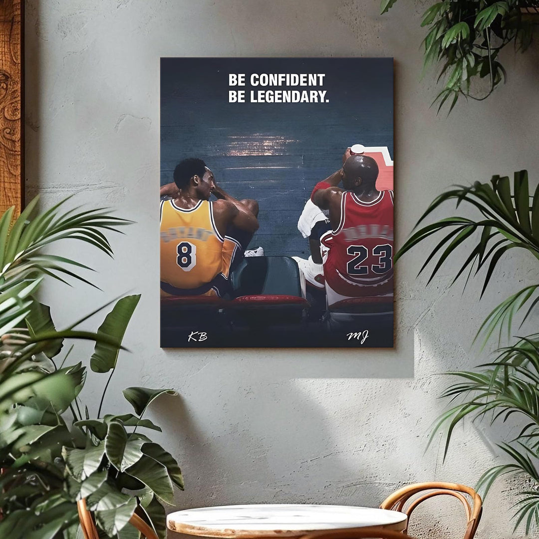 Kobe Bryant and Michael Jordan Canvas Wall Art – “Be Confident Be Legendary” Basketball Legends Duo Poster Print, Inspiring Sports Artwork for Home Office or Game Room Decoration