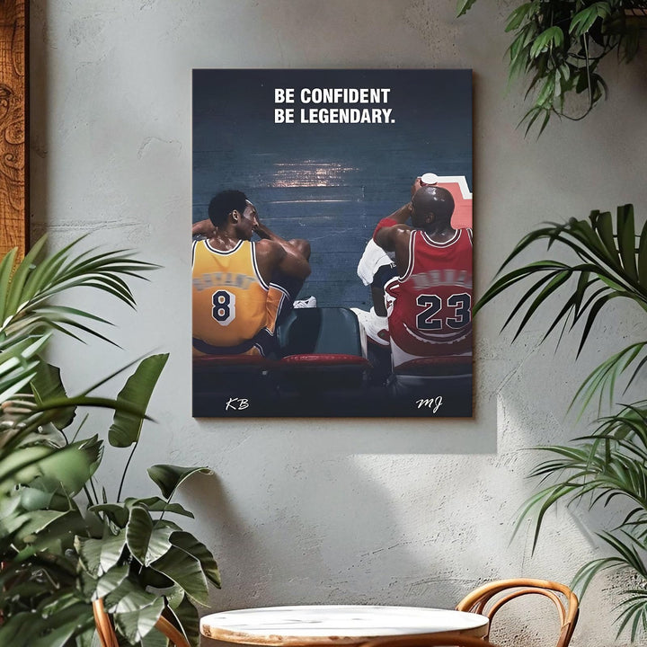 Kobe Bryant and Michael Jordan Canvas Wall Art – “Be Confident Be Legendary” Basketball Legends Duo Poster Print, Inspiring Sports Artwork for Home Office or Game Room Decoration