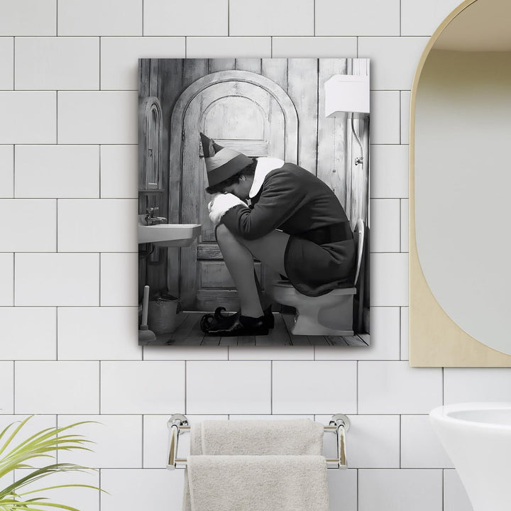 Funny Framed Canvas Wall Art Bathroom Decor Black and White Comedy Elf Movies Poster Bathroom Oil Painting Modern Toilet Artwork for Living Room Dorm Wall Home Decoration