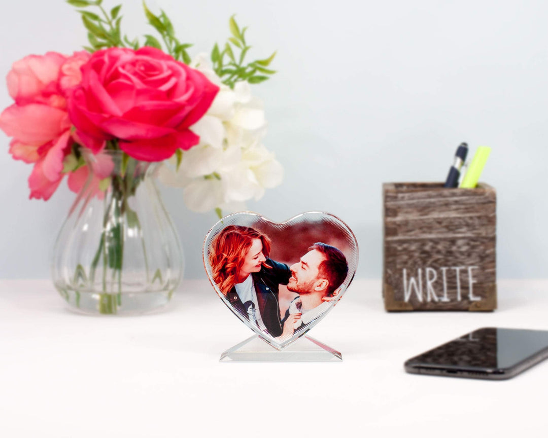 Crystal Print with Your Photo, Office Desktop Decor Personalized Picture Gift On Glass Clear Frame with Stand (4 x 4 Inches Heart)